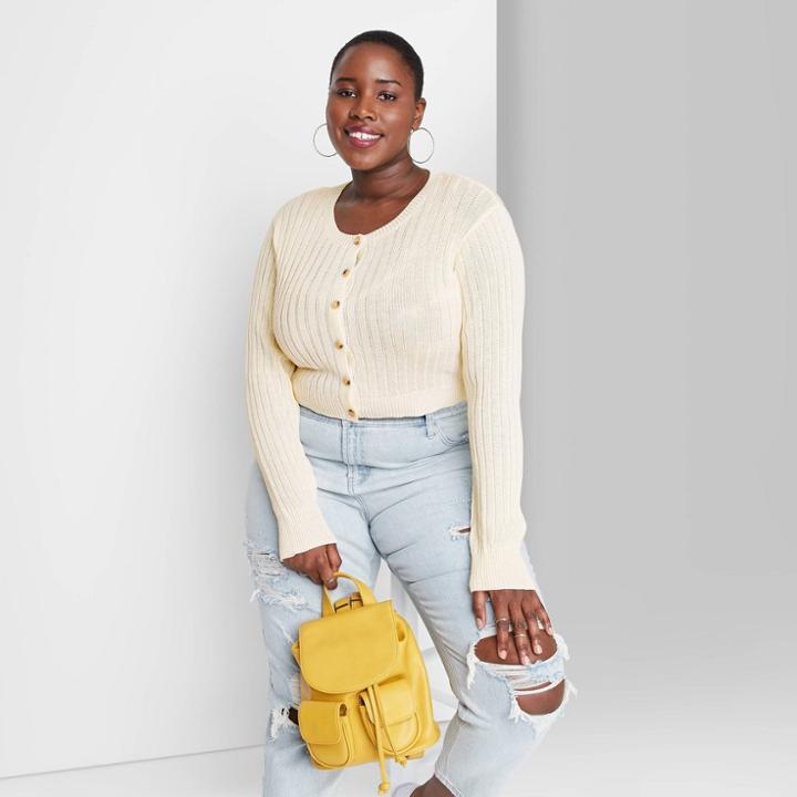 Women's Plus Size Button-front Cropped Rib-knit Cardigan - Wild Fable Off-white
