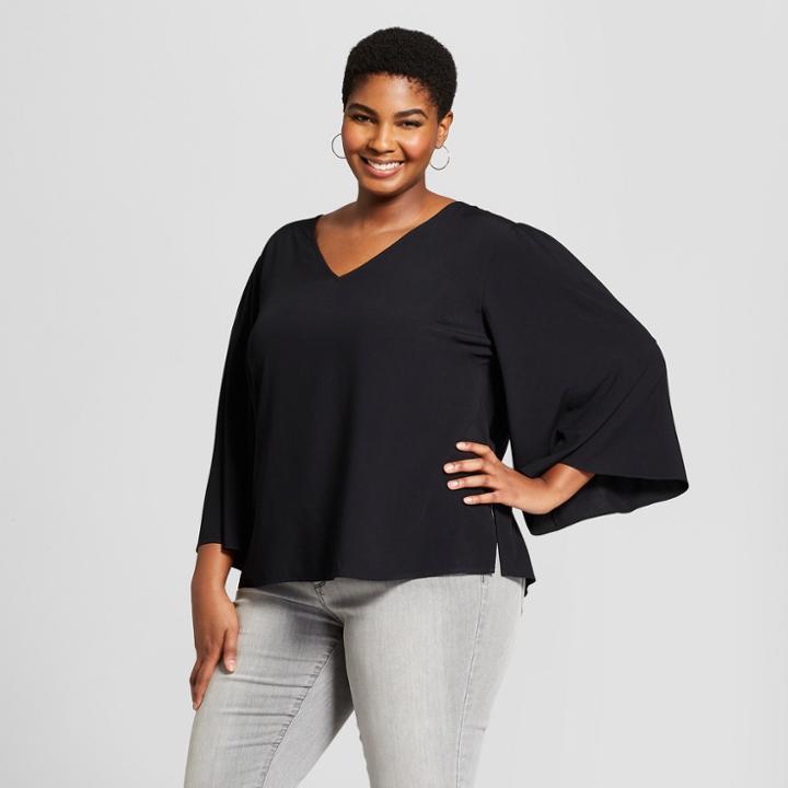 Women's Plus Size Long Sleeve Blouse - Ava & Viv Black X