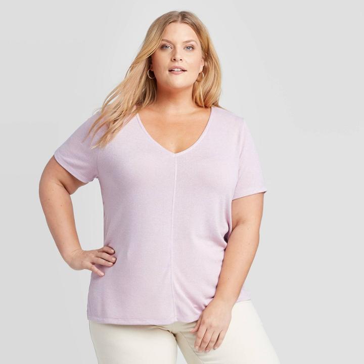 Women's Plus Size Short Sleeve V-neck Slit T-shirt - Ava & Viv Lilac X, Women's, Purple
