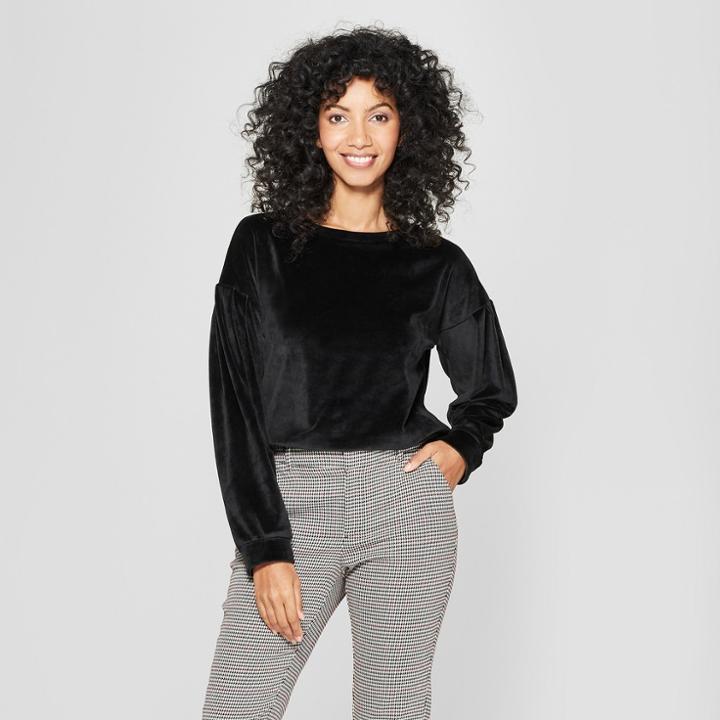 Women's Long Sleeve Velour Pullover - A New Day Black