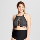 Costa Del Sol Women's Striped Plus Size Crochet Tassel High Neck Bikini Top - Black