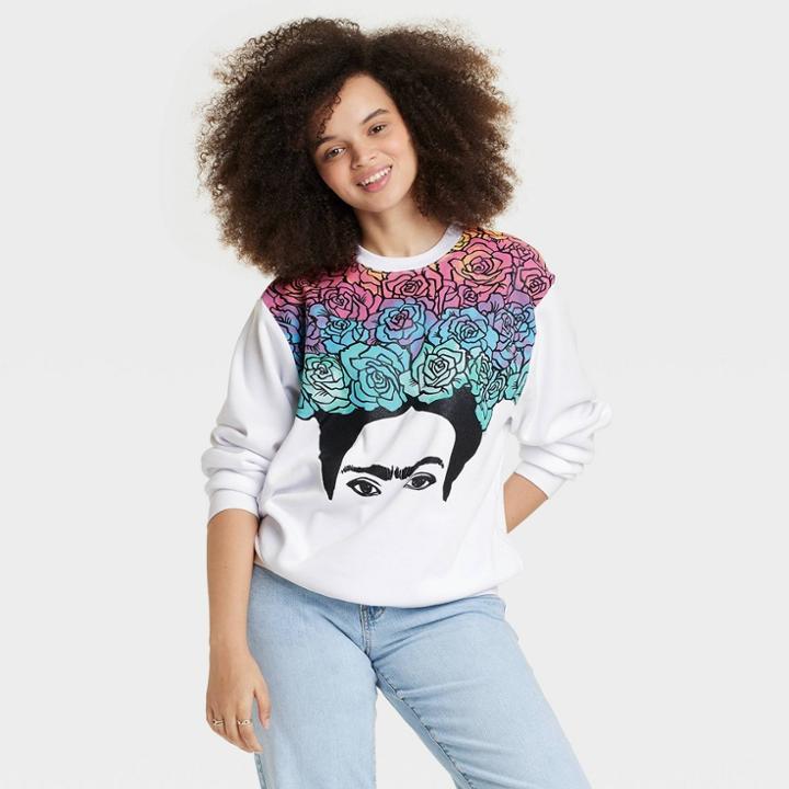 Modern Lux Women's Frida Kahlo Colorful Roses Graphic Sweatshirt - White