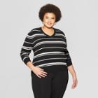 Women's Plus Size Striped Long Sleeve V-neck Pullover Sweater - Ava & Viv Black