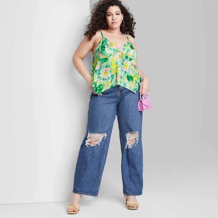 Women's Plus Size Satin Handkerchief Hem Tank Top - Wild Fable Lime Green Floral