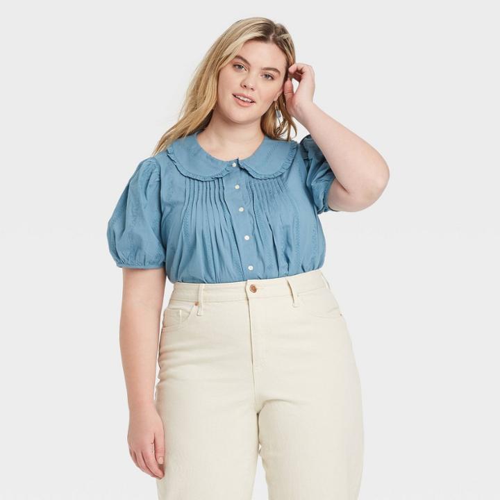 Women's Plus Size Striped Puff Short Sleeve Button-down Shirt - Universal Thread Blue