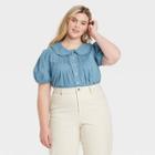 Women's Plus Size Striped Puff Short Sleeve Button-down Shirt - Universal Thread Blue