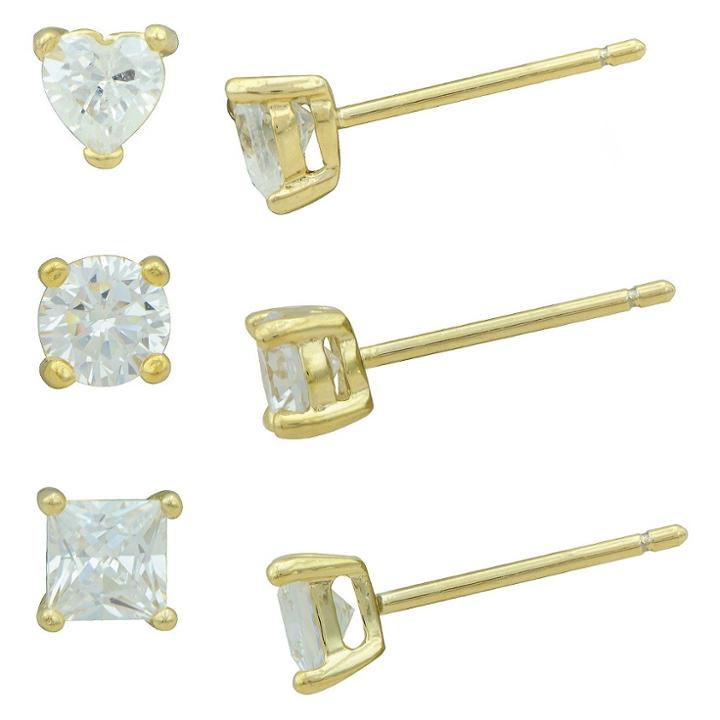 Distributed By Target Women's Cubic Zirconia Heart-stud-and Square Stud Earring Set In Gold Plating