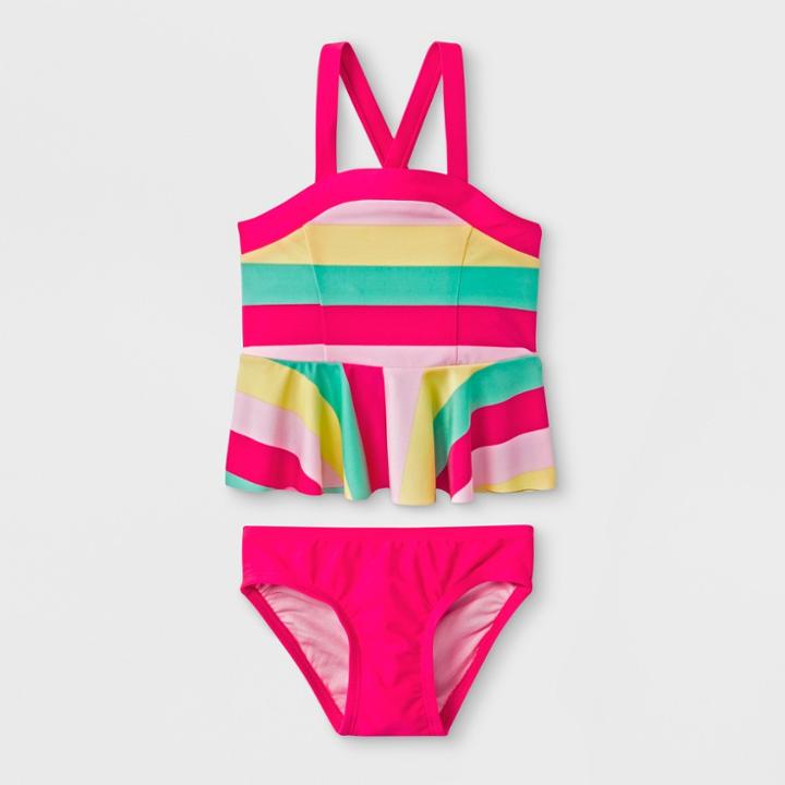 Toddler Girls' Rainbow Stripe Tankini - Cat & Jack Pink