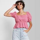Women's Puff Short Sleeve Eyelet Square Neck Peplum Top - Wild Fable Pink