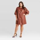 Women's Plus Size Faux Leather Balloon Long Sleeve Shift Dress - Who What Wear Brown