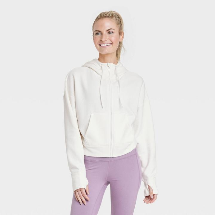 Women's Ribbed Fleece Cropped Hooded Sweatshirt - All In Motion Cream