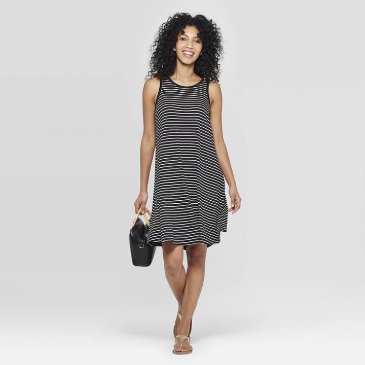 Women's Striped Regular Fit Sleeveless Round Neck Knit Tank Dress - A New Day Black/white