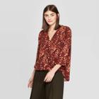 Women's Printed 3/4 Sleeve V-neck Wrap Front Woven Button-down Shirt - Prologue Red