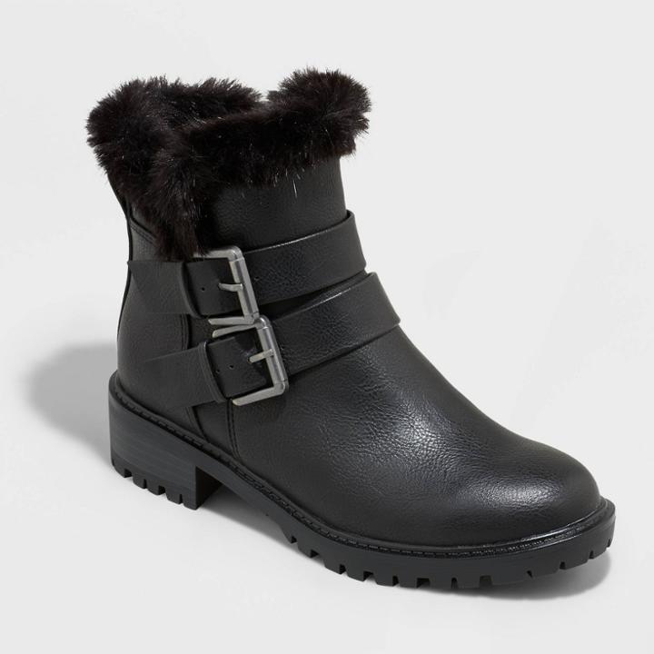 Women's Janet Faux Fur Lined Moto Boots - Universal Thread Black