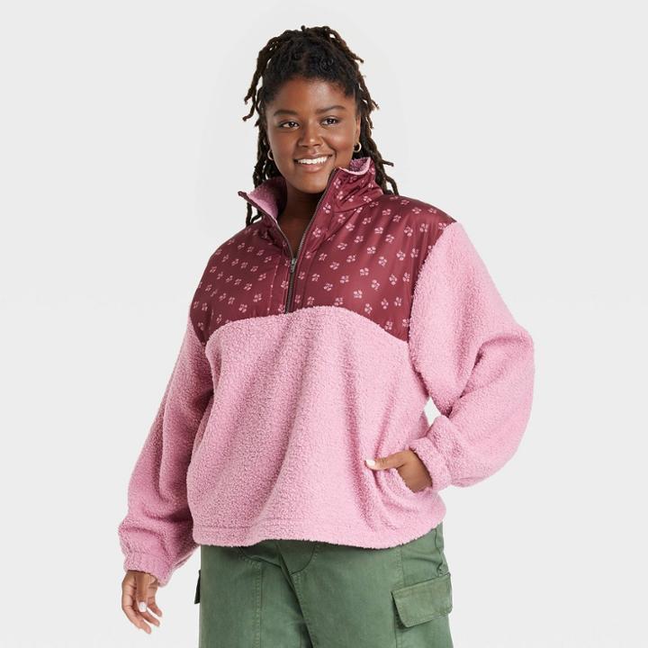 Women's Plus Size Colorblock Quarter Zip Sherpa Sweatshirt - Universal Thread Pink