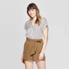 Women's Striped Short Sleeve V-neck Blouse - A New Day White
