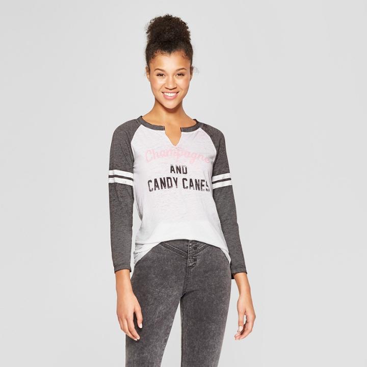 Women's 3/4 Sleeve Champagne And Candy Canes Raglan Graphic T-shirt - Grayson Threads White