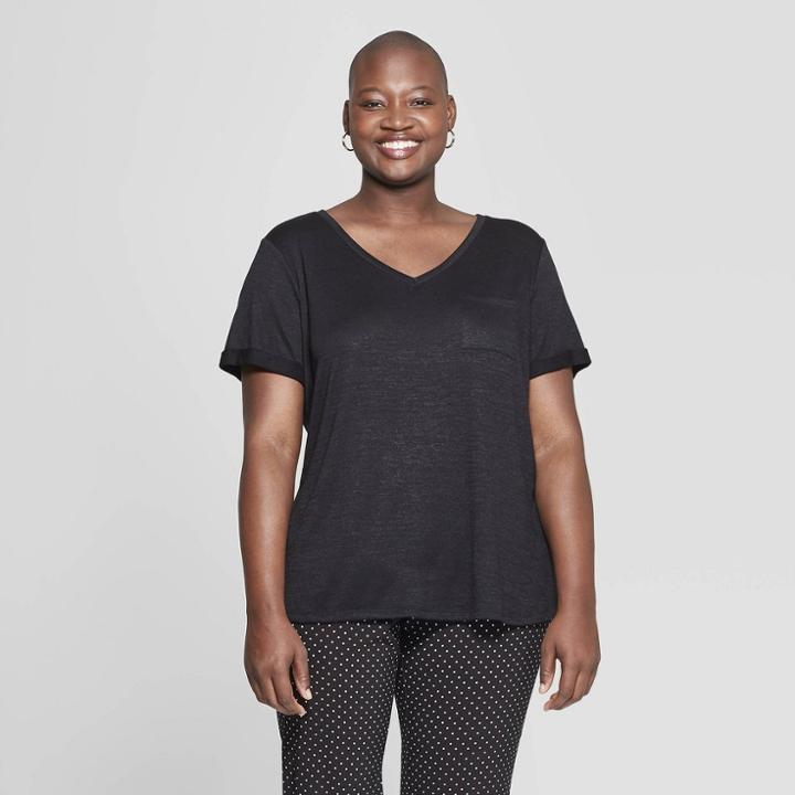Women's Plus Size Pocket Short Sleeve Rolled Cuff V-neck T-shirt - Ava & Viv Black X