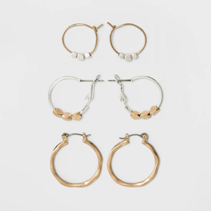Worn Gold And Worn Silver Hoop Earring Set 3pc - Universal Thread Gold