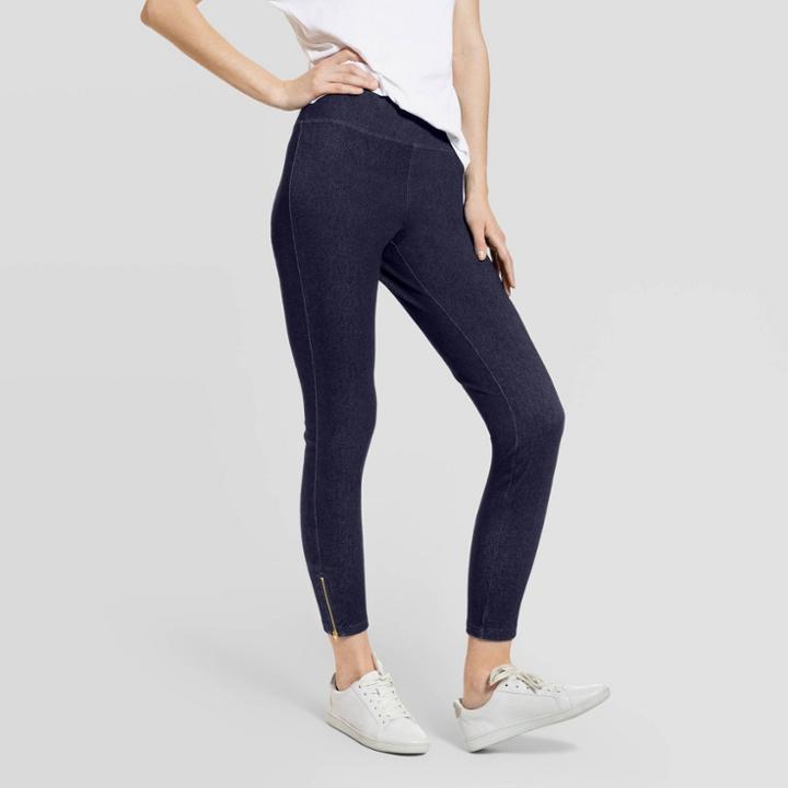Hue Studio Women's Mid-rise Ankle Zipper Denim Skimmer Leggings - Dark Denim Wash