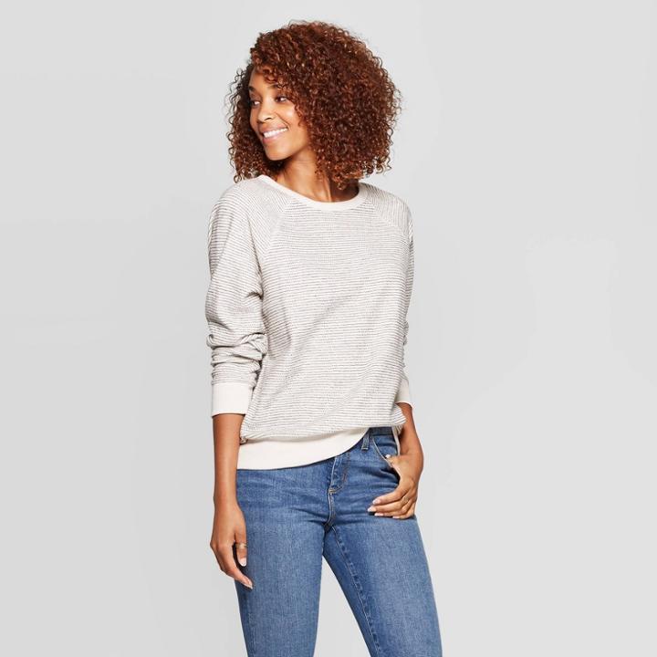 Women's Striped Long Sleeve Crewneck Sweatshirt - Universal Thread Black