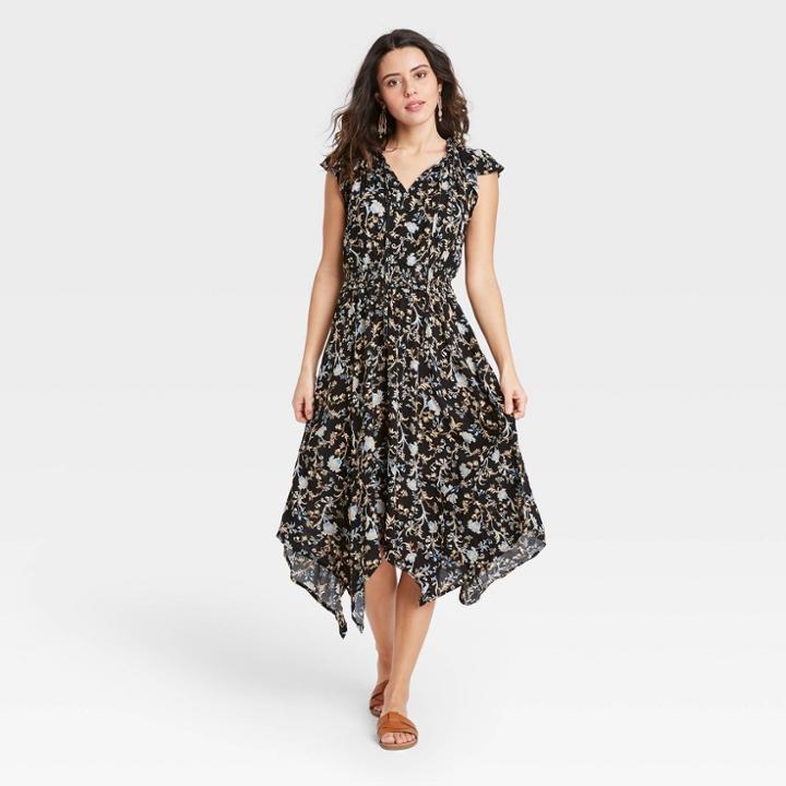 Women's Floral Print Flutter Short Sleeve Smocked Waist Dress - Knox Rose Black