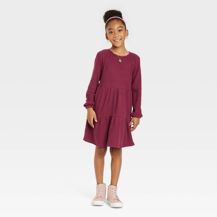 Girls' Tiered Long Sleeve Dress - Cat & Jack Burgundy