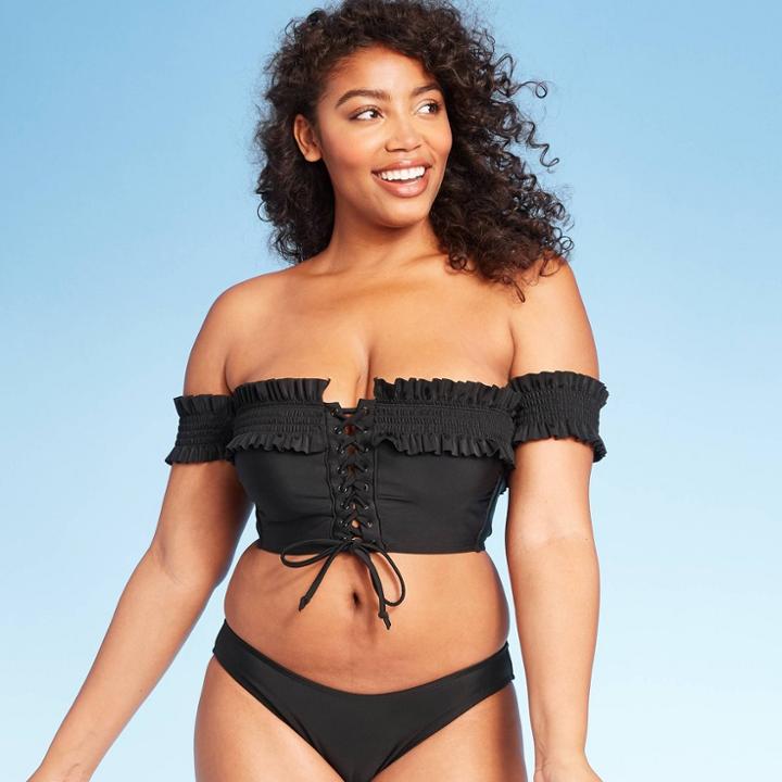 Women's Off The Shoulder Smocked Lace-up Bikini Top - Xhilaration Black S, Women's,