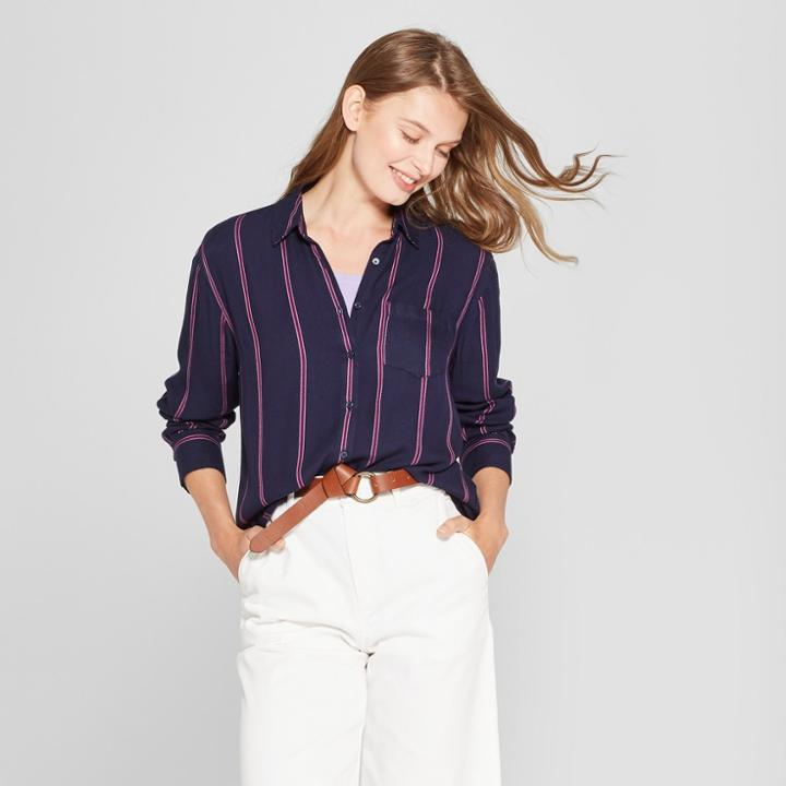 Women's Any Day Striped Long Sleeve Shirt - A New Day Navy