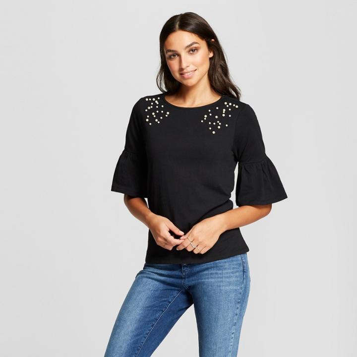 Women's Bell Sleeve Pearl Embellished Blouse - Alison Andrews Black