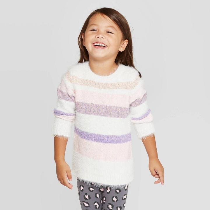 Toddler Girls' Long Sleeve Striped Pullover - Cat & Jack Cream 2t, Girl's, Beige