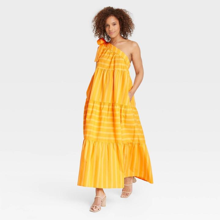 Women's Striped One Shoulder Sleeveless Dress - Who What Wear Gold