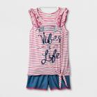 Self Esteem Girls' Happy Vibes Tank Top And Denim Shorts Set - Pink/blue