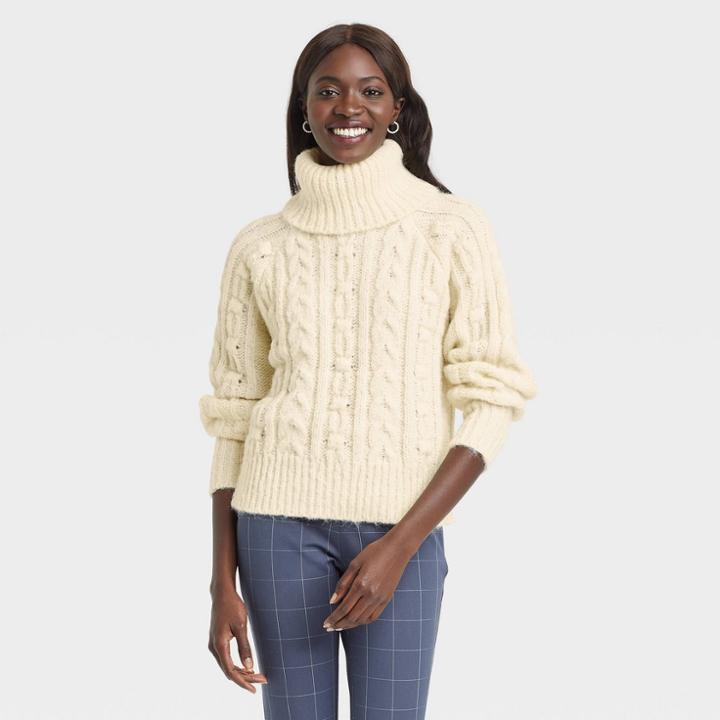 Women's Mock Turtleneck Cable Knit Pullover Sweater - A New Day Yellow