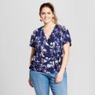Women's Plus Size Floral Print Short Sleeve V-neck Knit Top - Xhilaration Navy X, Blue