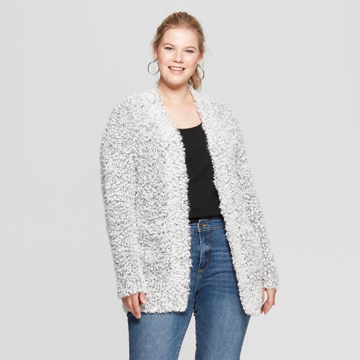 Women's Plus Size Boucle Cardigan - Ava & Viv Cream/black X, Beige