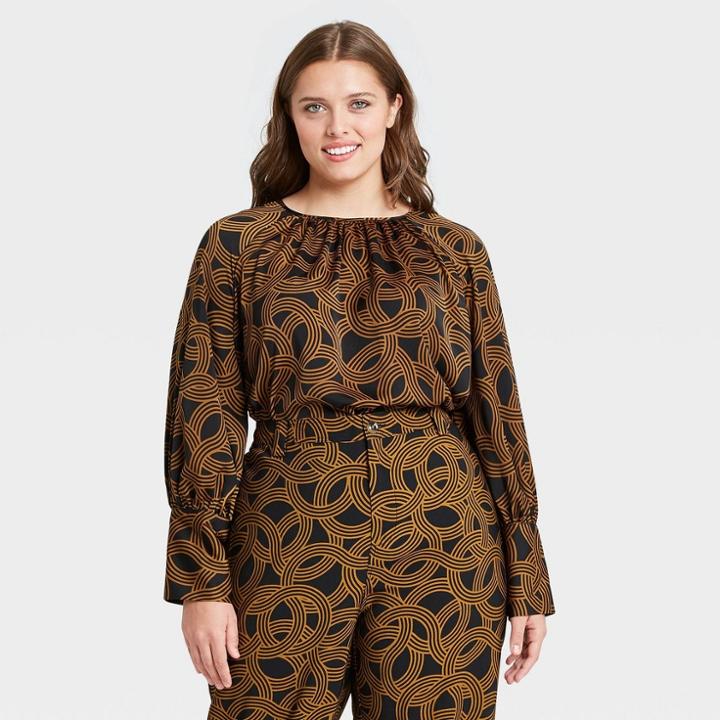 Women's Plus Size Printed Balloon Long Sleeve High Cuff Blouse - Who What Wear Brown
