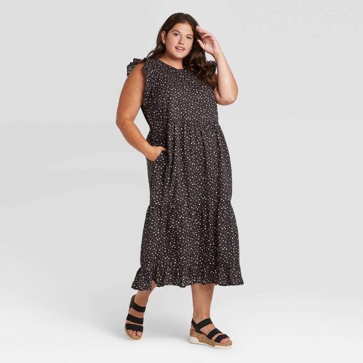 Women's Plus Size Floral Print Ruffle Sleeveless Tiered Dress - Universal Thread Navy