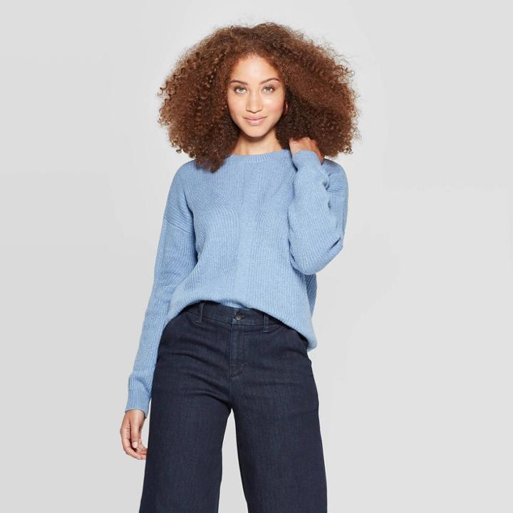Women's Long Sleeve Crewneck Textured Pullover Sweater - A New Day Blue