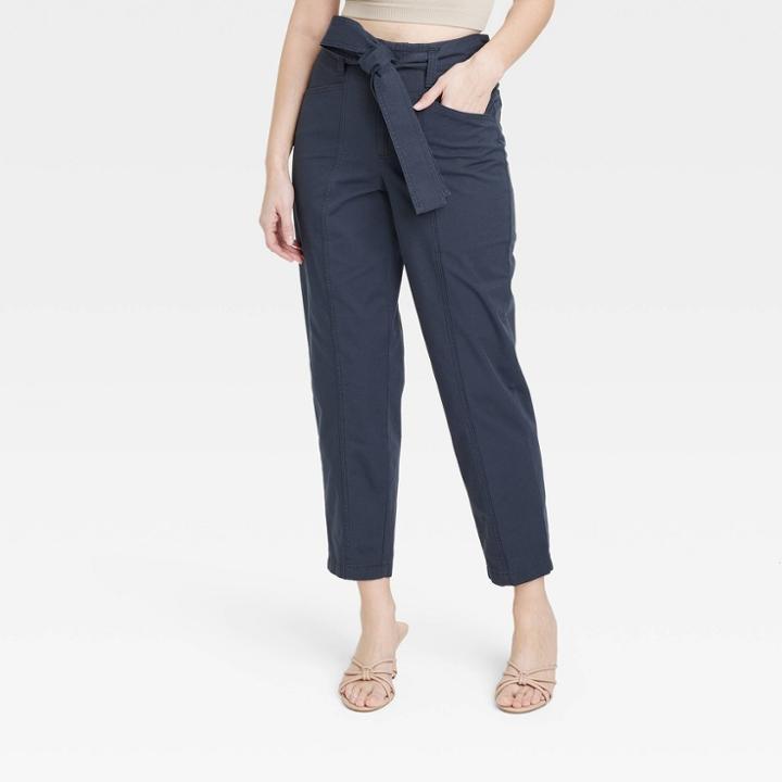 Women's High-rise Tapered Ankle Tie-front Pants - A New Day Navy
