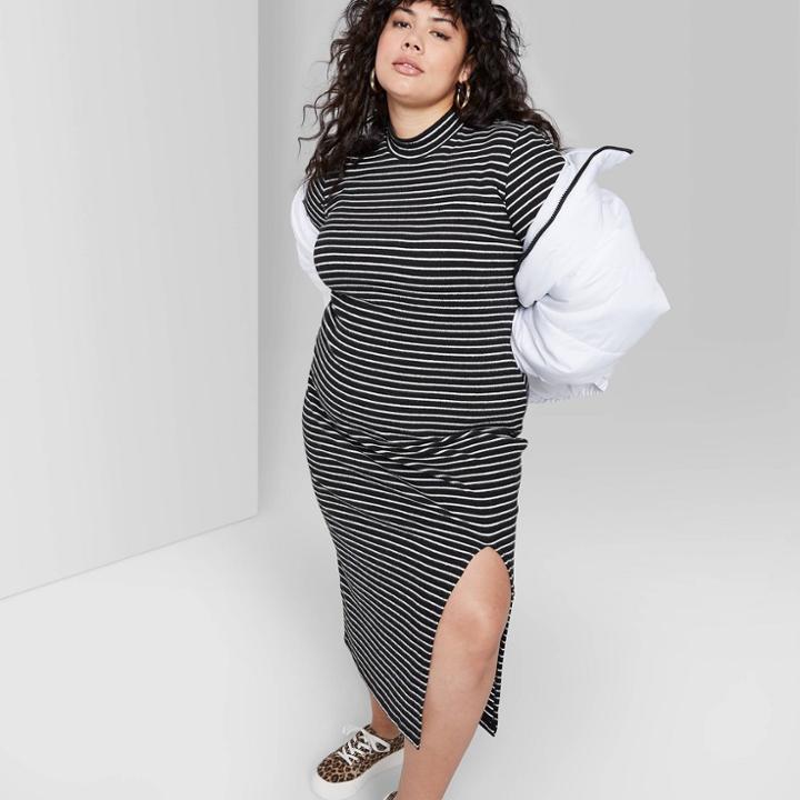 Women's Plus Size Striped Long Sleeve Mock Turtleneck Rib Knit Midi Dress - Wild Fable Black/white 1x, Women's,