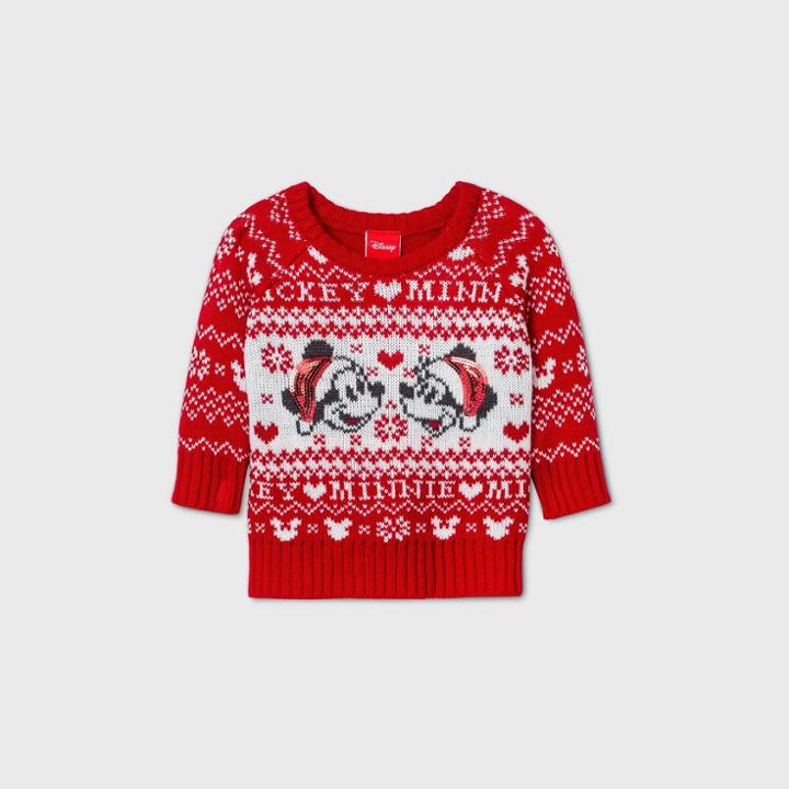 Disney Baby Mickey And Minnie Mouse Pullover Ugly Christmas Sweater - Red Newborn