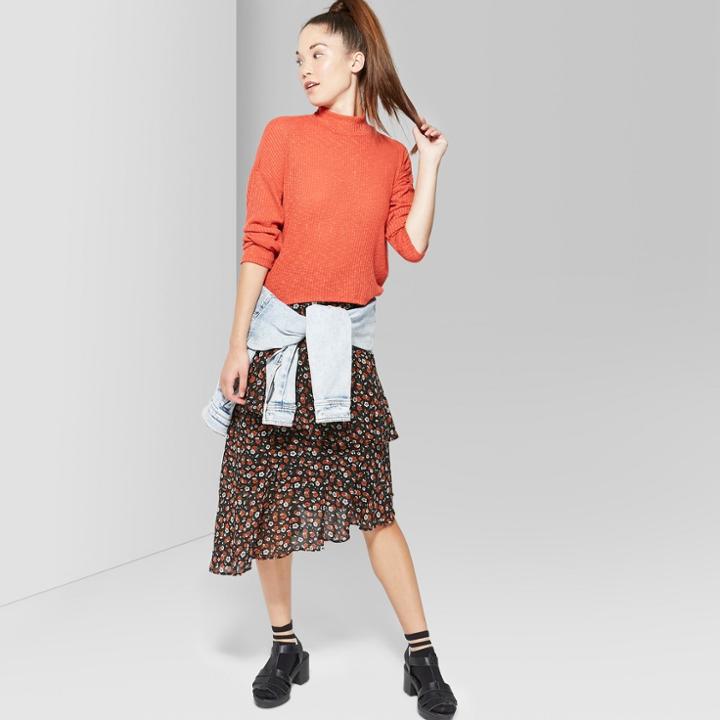 Women's Long Sleeve Boxy Mock Neck - Wild Fable Orange