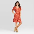 Women's Floral Print Short Sleeve V-neck Button-front Tie Waist Dress - Universal Thread Red S, Women's,