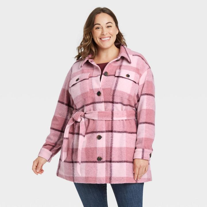 Women's Plus Size Plaid Shirt Shacket - Ava & Viv Rose X, Pink
