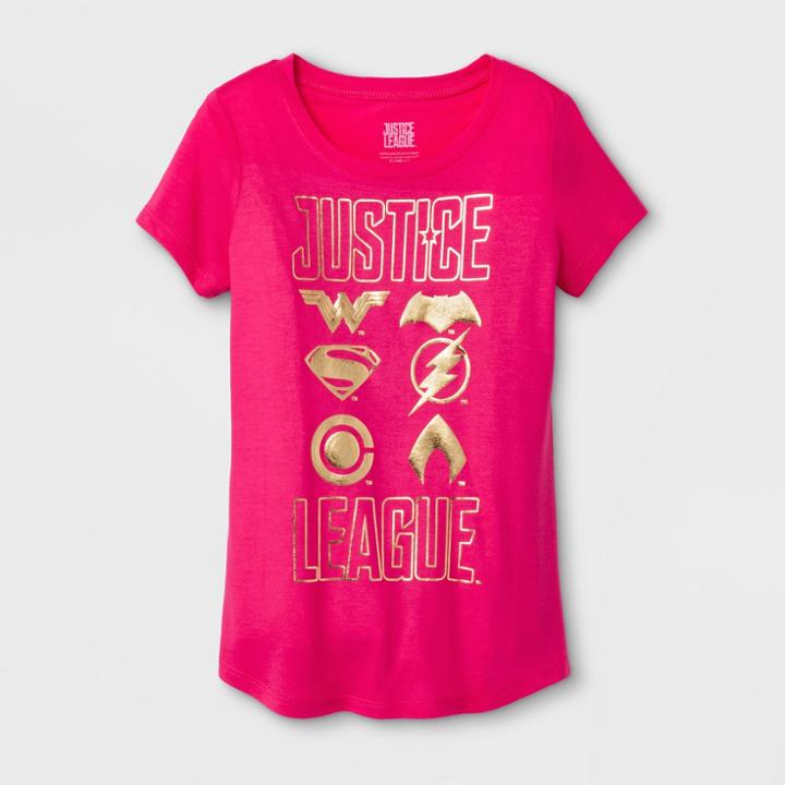 Plus Size Girls' Dc Comics Justice League Shields Short Sleeve T-shirt - Fuchsia