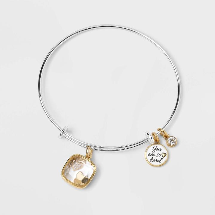 No Brand 14k Gold Dipped Cubic Zirconia 'you Are So Loved' Heart And Bezel Bangle Bracelet - Gold/silver
