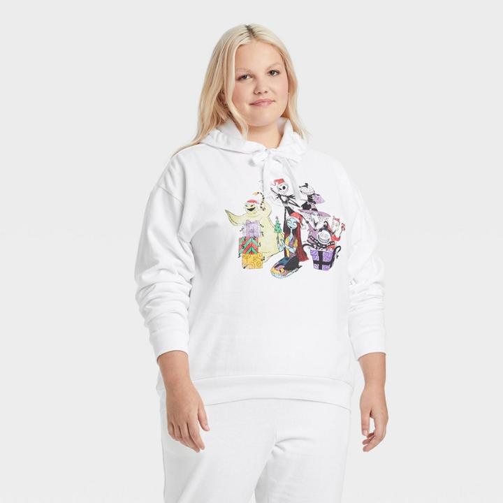 Disney Women's Plus Size Nightmare Before Christmas Hooded Graphic Sweatshirt - White