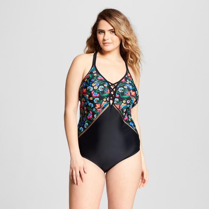 Costa Del Sol Women's Floral Print Plus Size Floral Lace-up One Piece - Black X