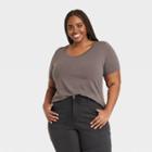 Women's Short Sleeve Drapey Scoop Neck T-shirt - Ava & Viv Brown